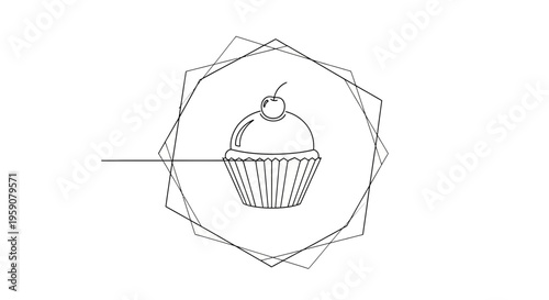 Minimalist Line Art Cupcake with Cherry and Geometric Frame