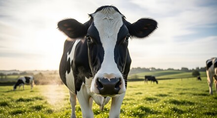 A black and white cow standing in a green field looking directly at the camera
