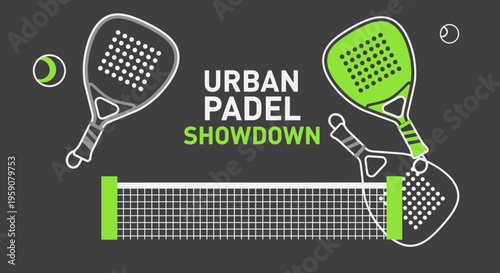 Dynamic Padel Action: Urban Showdown, Rackets, Net, Ball, and Sporting Competition