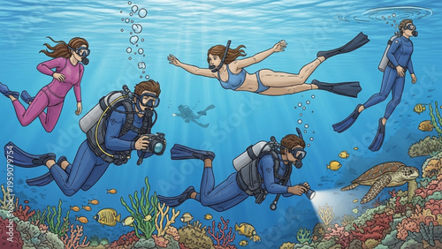Scuba Divers Exploring Colorful Coral Reef with Sea Turtle Underwater Adventure Illustration