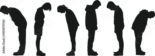 Silhouettes of six people standing in row, bowed heads and hunched posture, solemn mood concept, emotional reflection illustration