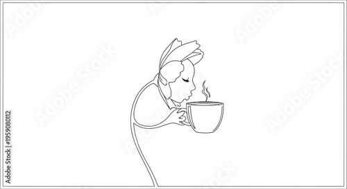 Minimalist line art of a person enjoying a warm cup of tea or coffee, steam rising.