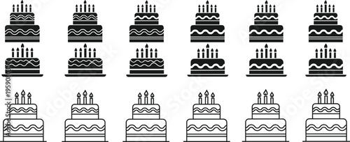 Birthday cake icons vector set with candle cakes silhouette and outline styles for celebration party and bakery design