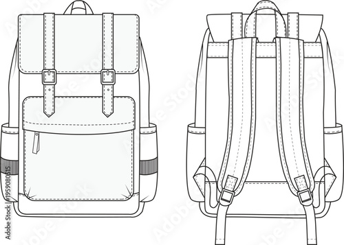 Tableau sur toile Technical Flat Sketch of Classic Backpack Front and Back View Vector
