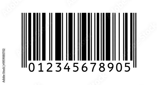 Universal barcode with numbers 012345678905, black retail product code vector, scan identification label for commerce
