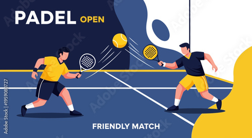 Dynamic Padel Open Illustration Depicting Friendly Competition with Players and Ball Action