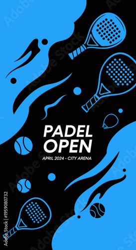 Dynamic Padel Open Graphic with Rackets, Balls, and Abstract Design for Tournament Promotion