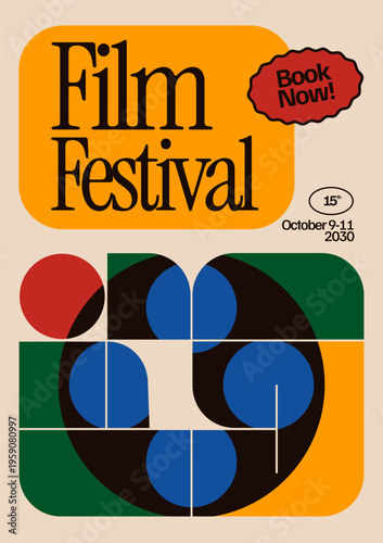 Vintage movie festival poster template design with minimal film reel and bold geometric shape mid-century style