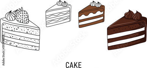 Cake slices vector set with strawberry vanilla chocolate and layered cakes hand drawn dessert illustration for bakery menu design