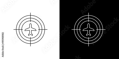 Single icon of airplane inside a target reticle symbol, representing tracking, aiming, or surveillance, presented in both black and white