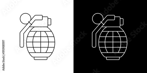 A graphic illustration of a grenade icon in black and white against contrasting backgrounds