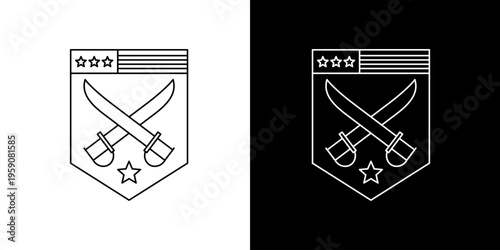 Single icon of heraldic emblem with crossed swords and stars on a shield outline