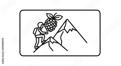 Hiker Climbing Mountain to Reach Giant Raspberry Fruit