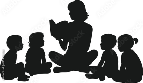 Silhouette of adult reading book to children, storytelling, education, literacy, learning, classroom interaction, childhood development, teaching concept