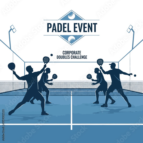 Dynamic Padel Tournament Illustration Depicting Corporate Doubles Challenge with Silhouetted Players