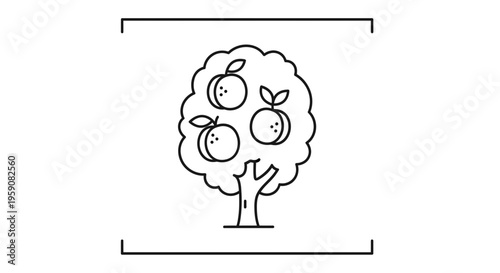 Line Art Icon of a Fruit Tree with Three Ripe Fruits and Green Leaves