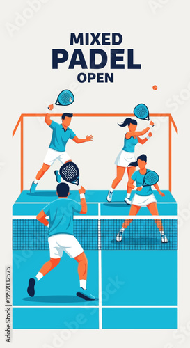 Dynamic Padel Tournament Illustration Featuring Players and Essential Sporting Equipment Design