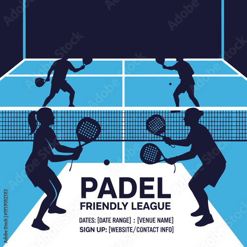 Dynamic Padel Tournament Illustration Featuring Silhouette Players And Court Design