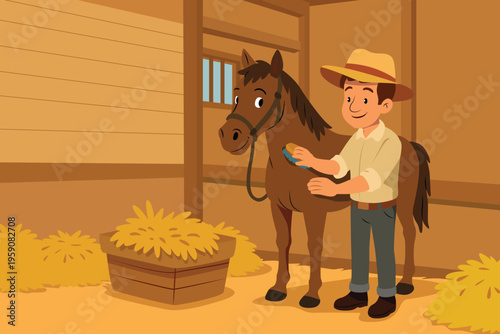 Farmer Taking Care of His Horse at a Barn Vector Illustration