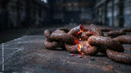 Supply chain disruption physical logistics transport gridlock metal chain lie broken on rough industrial floor with glowing molten link and dramatic spark flying in dark workshop atmosphere