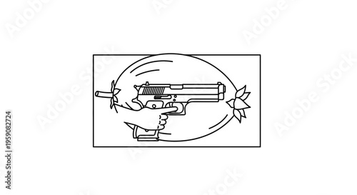 Hand holding gun firing a flower, surreal concept, gun violence symbolism
