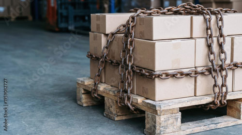 Supply chain disruption physical logistics transport gridlock pallet of cardboard box bound with metal chain in warehouse symbol of delay and security control within industry floor