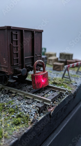 Supply chain disruption physical logistics transport gridlock concept with red padlock blocking rail freight yard symbol of security risk delay and restriction on cargo movement