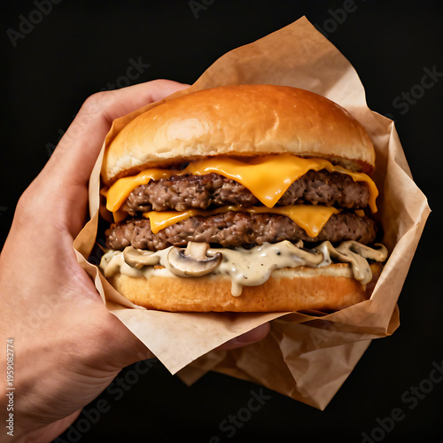 AI-Generated Double Cheeseburger Held in Hand with Melting Cheese and Mushrooms – Gourmet Burger Close-Up