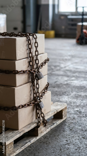 Supply chain disruption physical logistics transport gridlock concept with cardboard box stack on wooden pallet locked by heavy metal chain and padlock in warehouse floor background