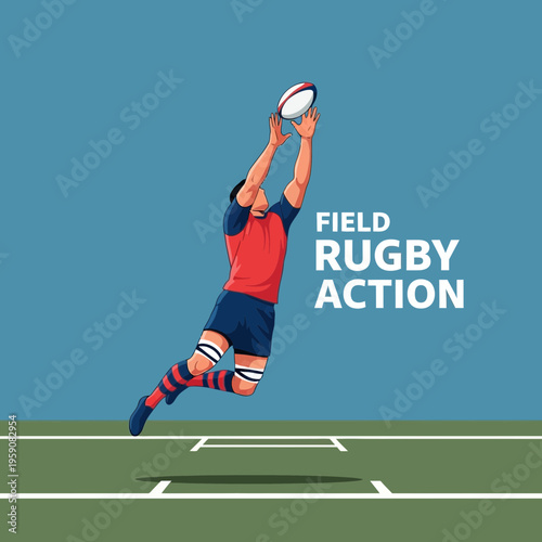 Dynamic Rugby Player Leaping High To Catch Ball During Intense Game Action