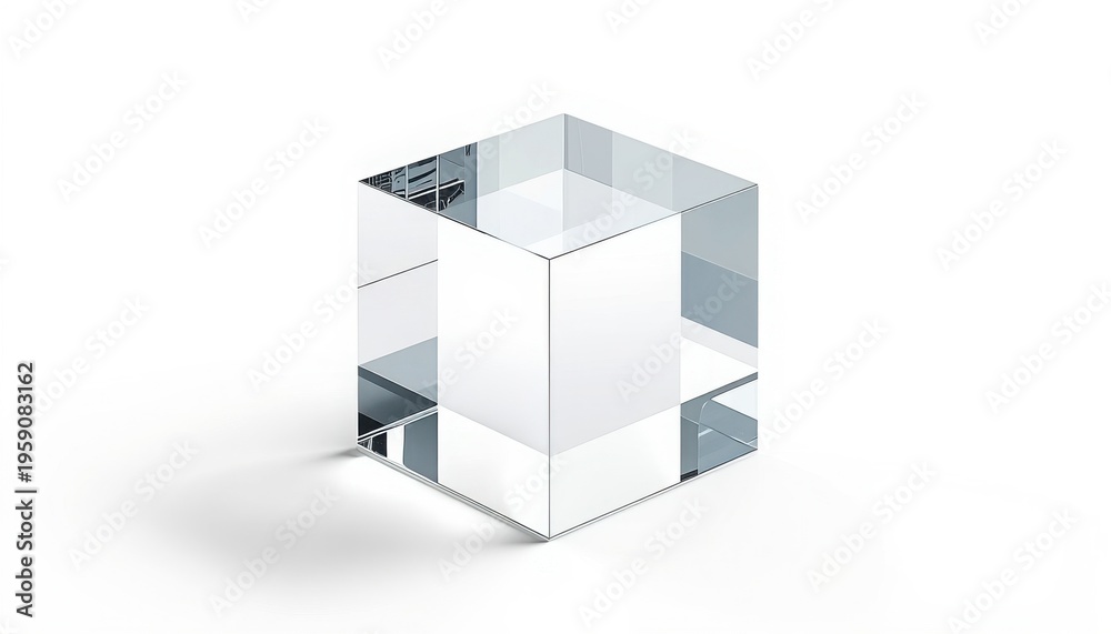 Fototapeta premium Clear solid glass cube block object casting a subtle shadow on a bright white background representing purity simplicity and geometric precision for modern design concepts