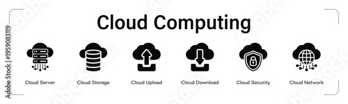 Cloud Computing web banner black icon set. vector illustration concept with icon of Cloud Server, Cloud Storage, Cloud Upload, Cloud Download, Cloud Security, Cloud Network.