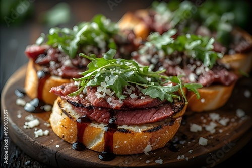 grilled sourdough bruschetta topped with roast beef, arugula, parmesan, and baslamic drizzle