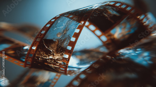 Cinematic film strip closeup analog photography vintage movie reel damaged celluloid bokeh light abstract background swirling nostalgic mood