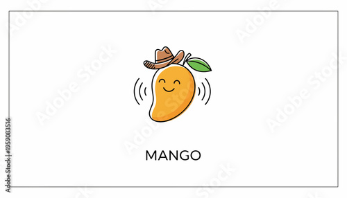 Happy Mango Character Wearing Cowboy Hat, Waving, Vector Illustration