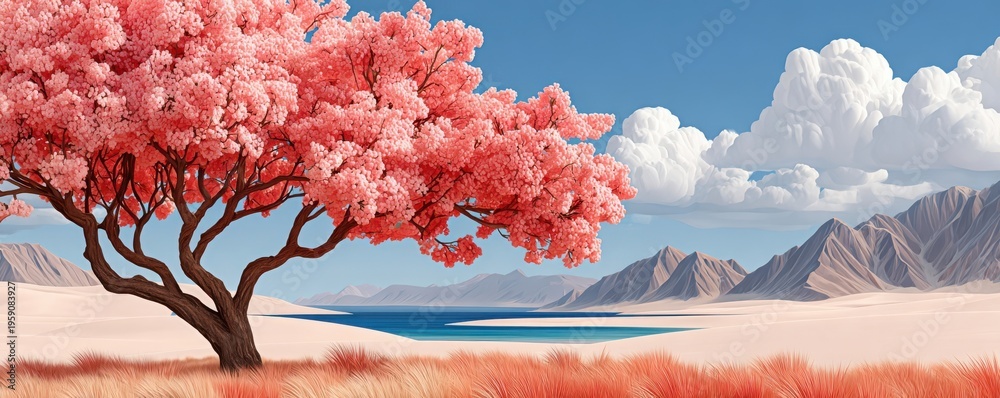 Obraz premium Pink cherry blossom tree on grassland with blue sky, calm lake and distant mountains