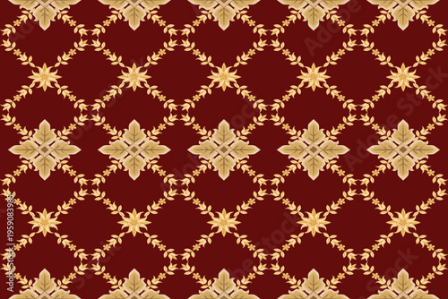 Luxury Gold Floral Seamless Pattern on Deep Red Background Classic Ornamental Design