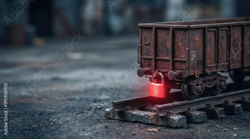 Rusty freight wagon lock supply chain disruption physical logistics transport gridlock concept on rail track with red padlock symbol of halted delivery and security risk