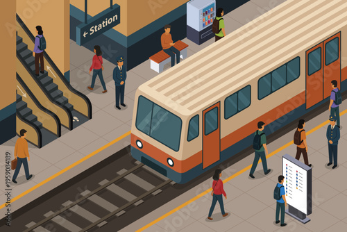 Isometric of the Interior of Subway or Train Station Vector Illustration