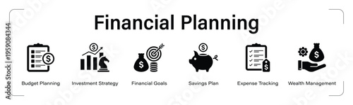 Financial Planning web banner black icon set. vector illustration concept with icon of Budget Planning, Investment Strategy, Financial Goals, Savings Plan, Expense Tracking, Wealth Management.