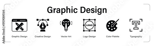 Graphic Design web banner black icon set. vector illustration concept with icon of Graphic Design, Creative Design, Vector Art, Logo Design, Color Palette, Typography.
