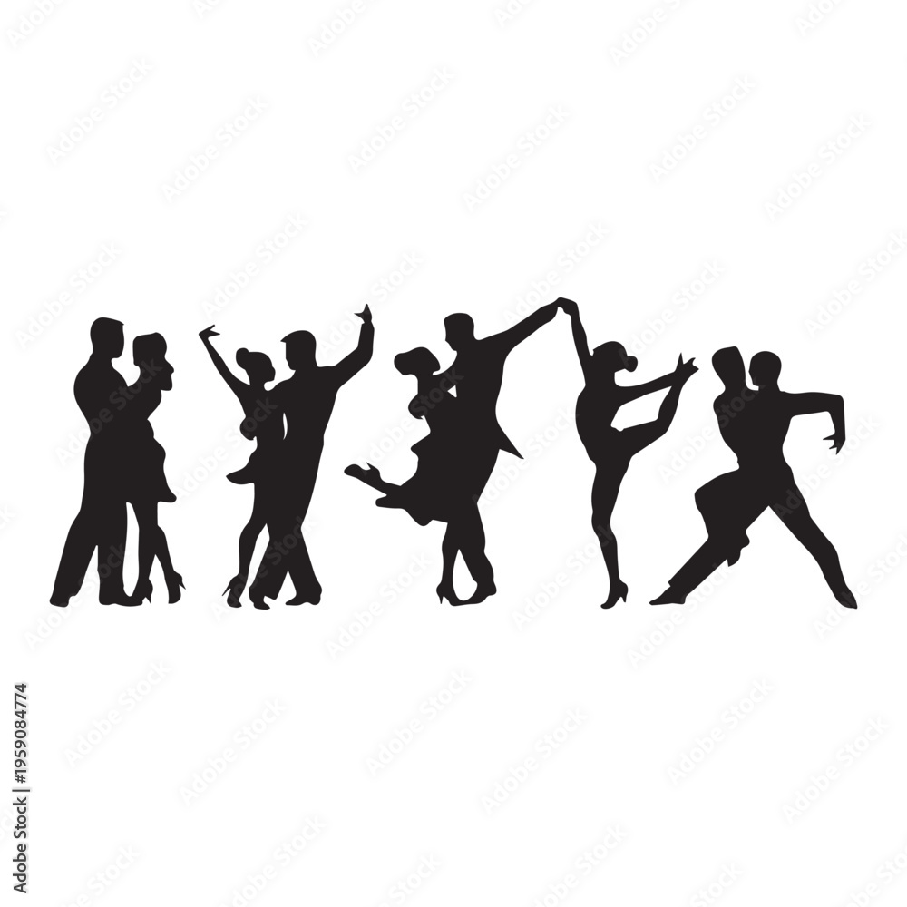 Fototapeta premium Romantic dance couples silhouettes elegant ballroom poses love movement vector illustration. 