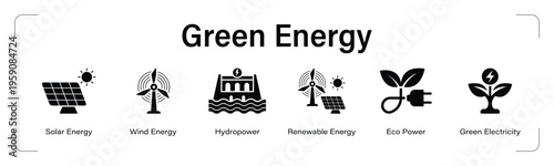 Green Energy web banner black icon set. vector illustration concept with icon of Solar Energy, Wind Energy, Hydropower, Renewable Energy, Eco Power, Green Electricity.