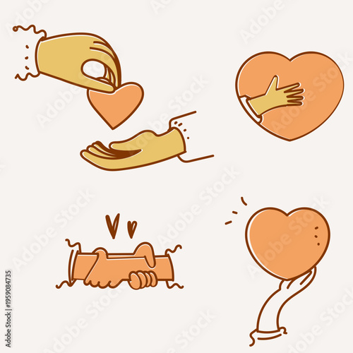 Collection of hand drawn line art style illustrations featuring human hands holding hearts, handshakes, and puzzle hearts. Concept of charity, community support, volunteerism, unity, relationship, and