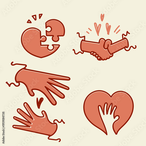Collection of hand drawn line art style illustrations featuring human hands holding hearts, handshakes, and puzzle hearts. Concept of charity, community support, volunteerism, unity, relationship, and