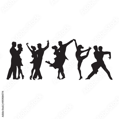  Romantic dance couples silhouettes elegant ballroom poses love movement vector illustration. 