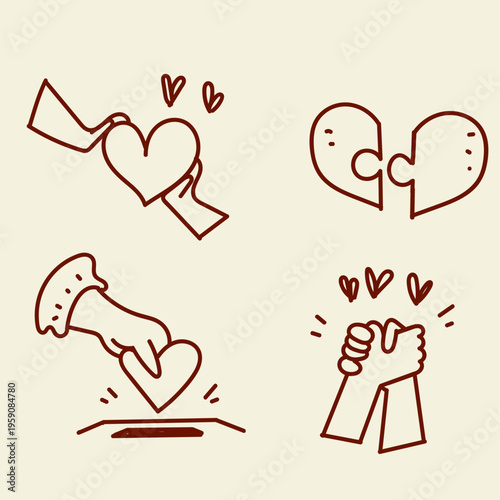 Collection of hand drawn line art style illustrations featuring human hands holding hearts, handshakes, and puzzle hearts. Concept of charity, community support, volunteerism, unity, relationship, and