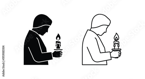Candle, people, silhouette, line art, icons, black and white, illustrations, 2 designs isolated on White Background