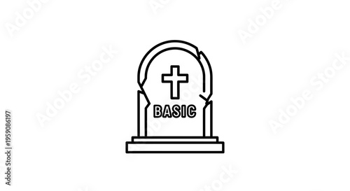 Broken Tombstone with Cross and 'BASIC' inscription, Symbolizing End of Basic Plan