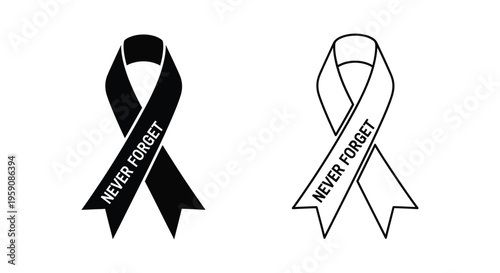 Awareness ribbons, Never Forget memorial symbols, black and white icons, remembrance signs isolated on White Background